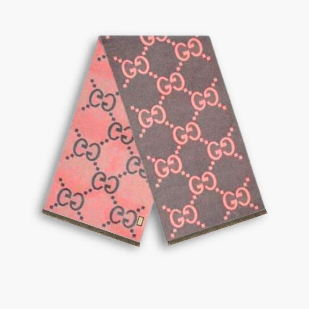 Gucci GG Cashmere Jacquard Scarf Grey And Pink 674275 3G344 1272