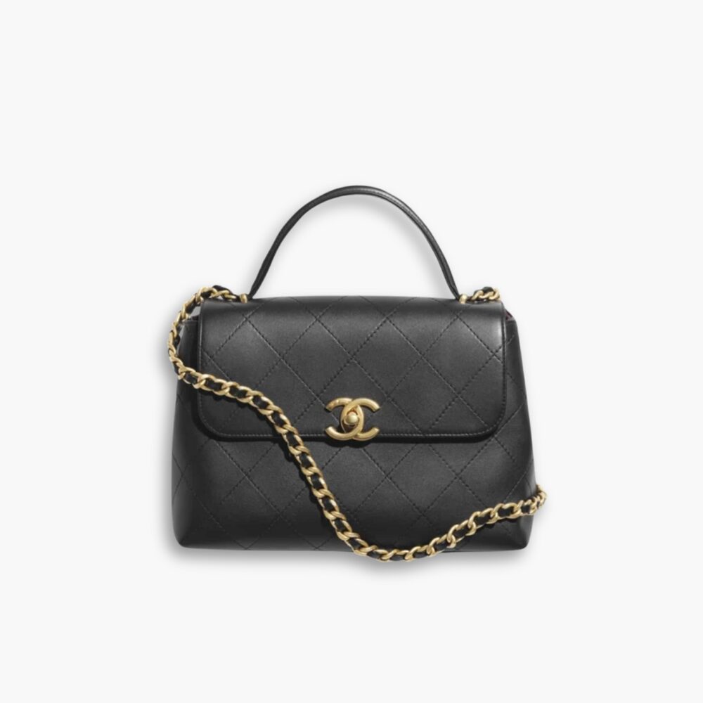 Chanel Large Flap Bag With Top Handle Shiny And Gold Tone Metal Black 29Cm AS5467 B20111 94305