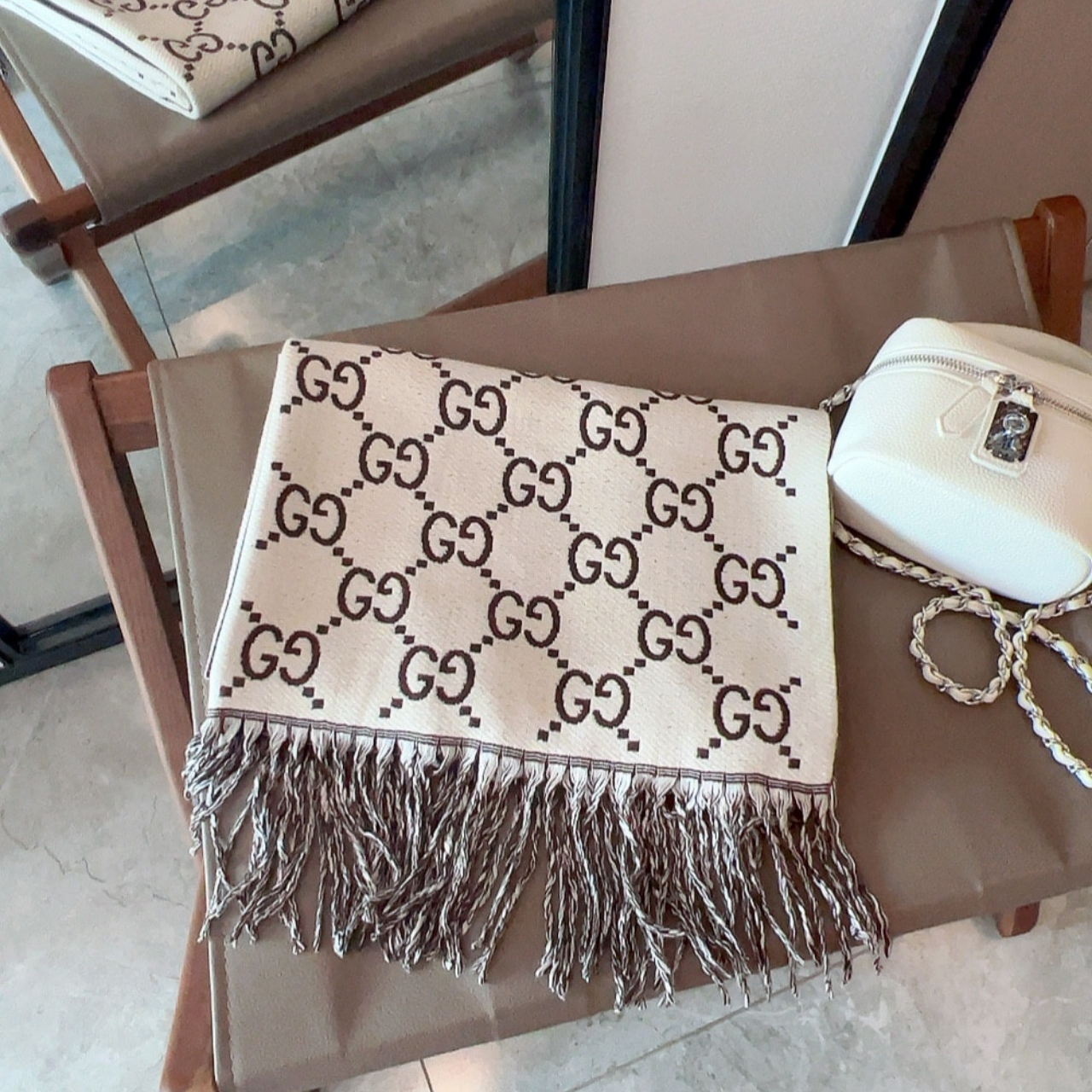 Gucci GG Jacquard Scarf White And Brown - Image 2