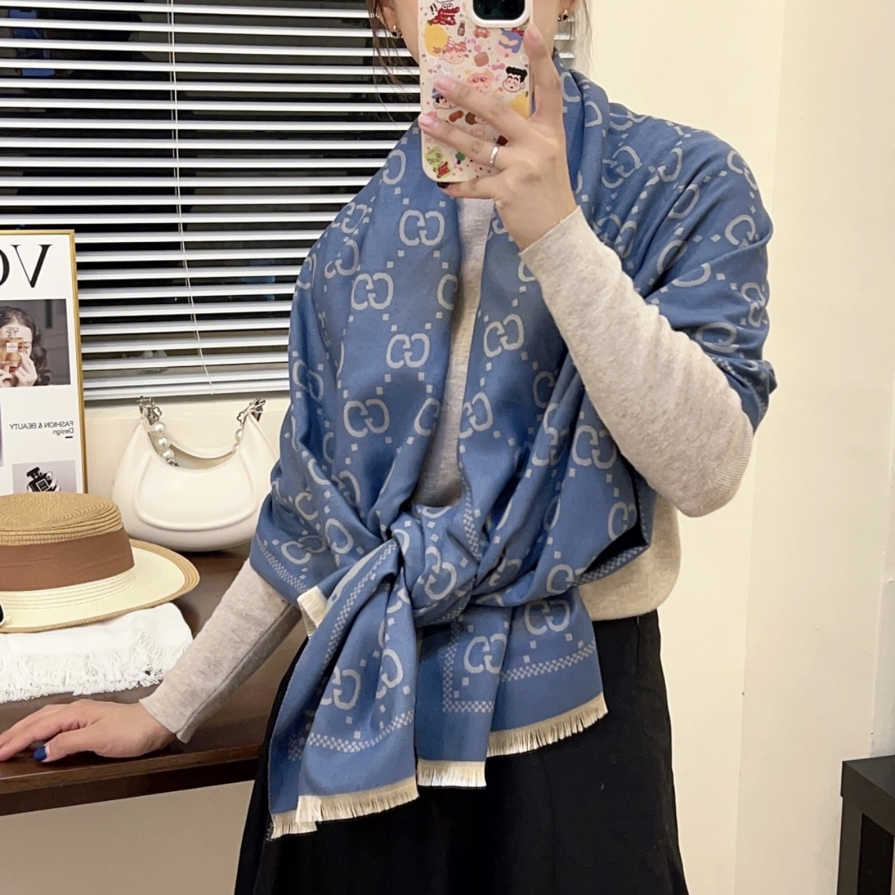 Gucci GG Jacquard Knitted Scarf Blue 180Cm - Image 4