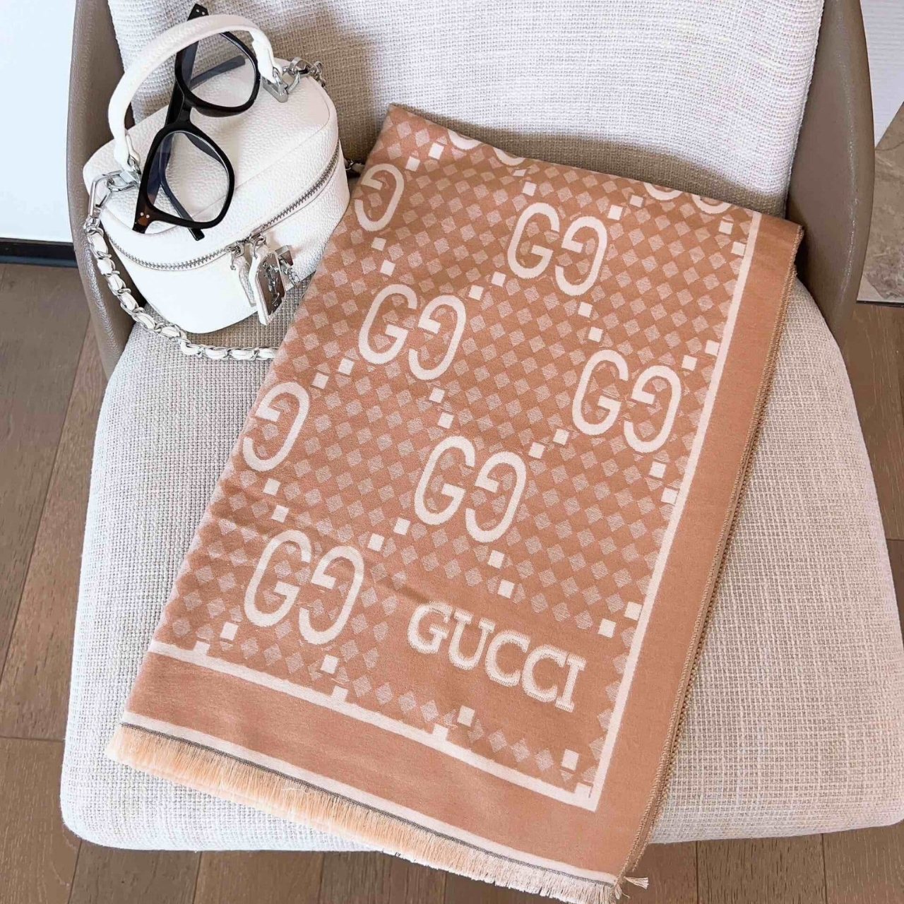 Gucci GG Jacquard Knitted Scarf Beige 180Cm - Image 2