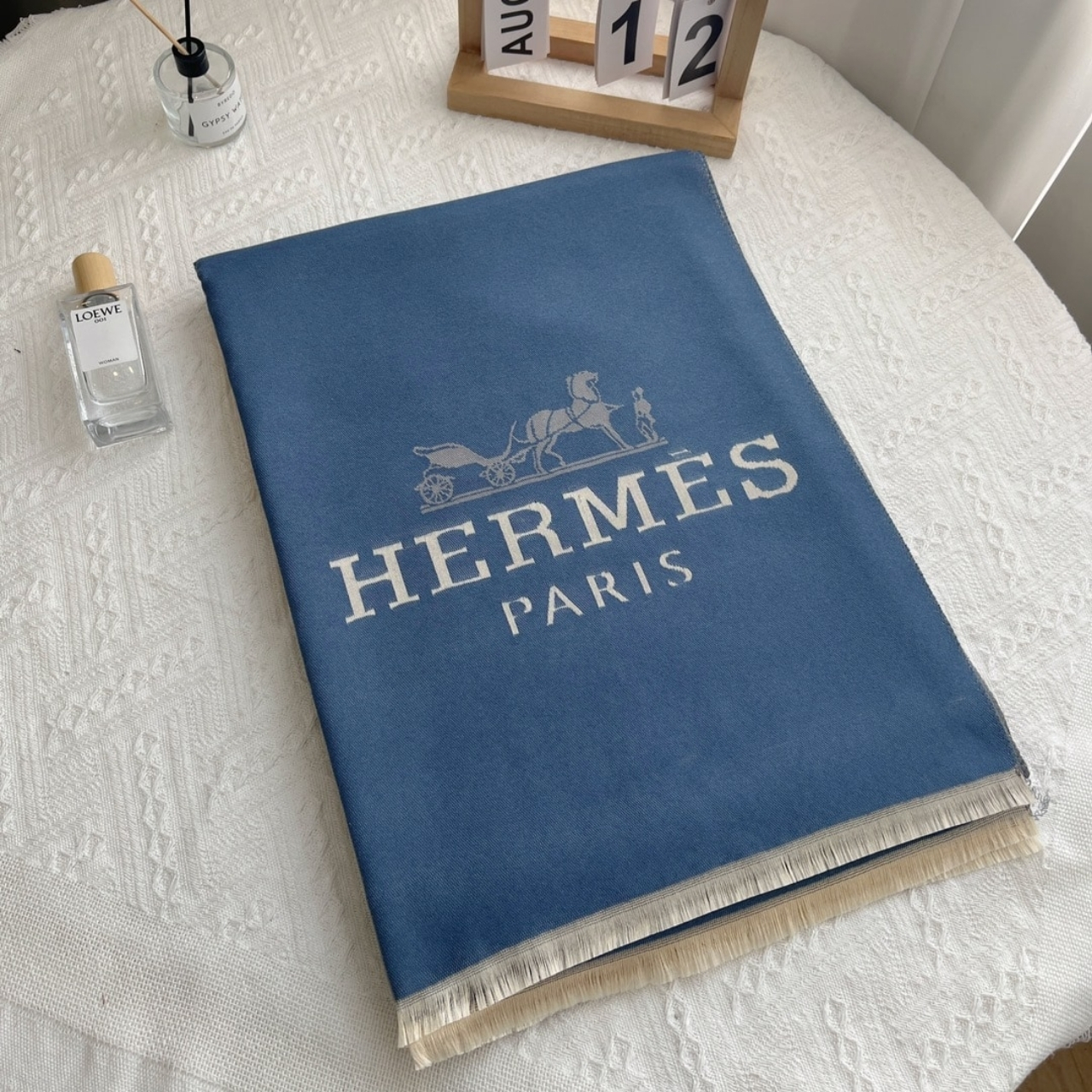 Hermes H Letter Cashmere Muffler Blue 180Cm - Image 2
