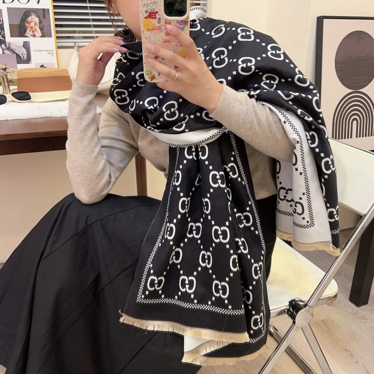 Gucci GG Jacquard Knitted Scarf Black 180Cm - Image 4