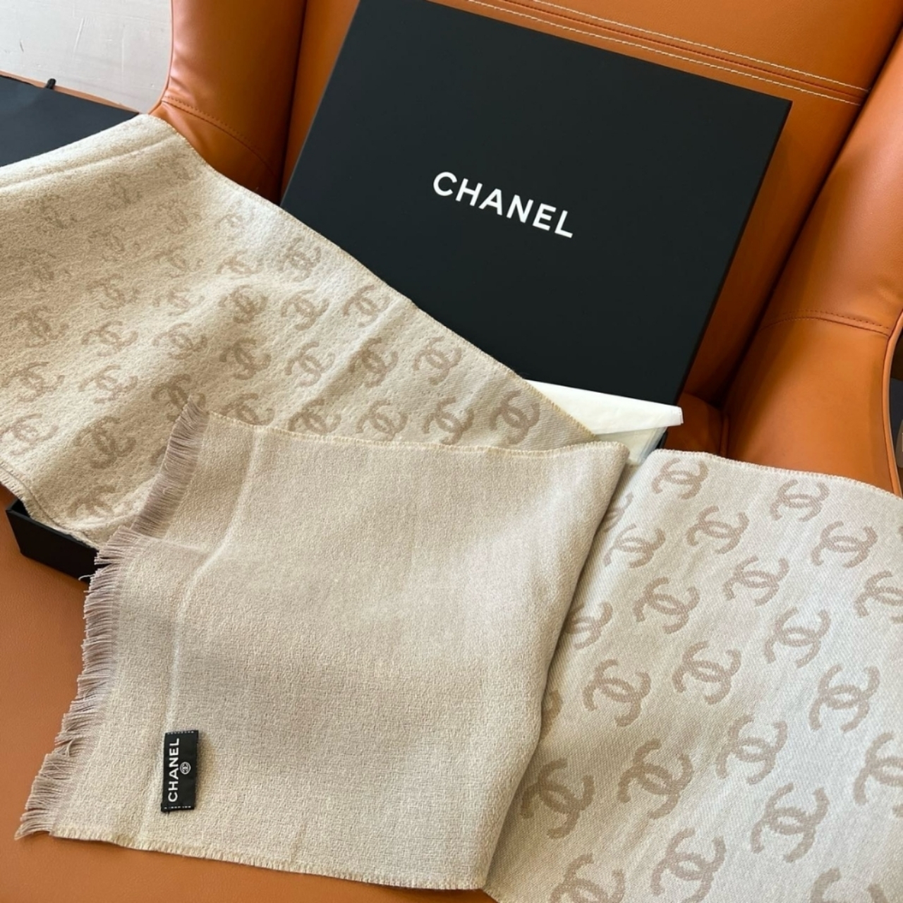 Chanel 24B Full CC Scarf Beige And Milk Tea 180Cm - Image 5