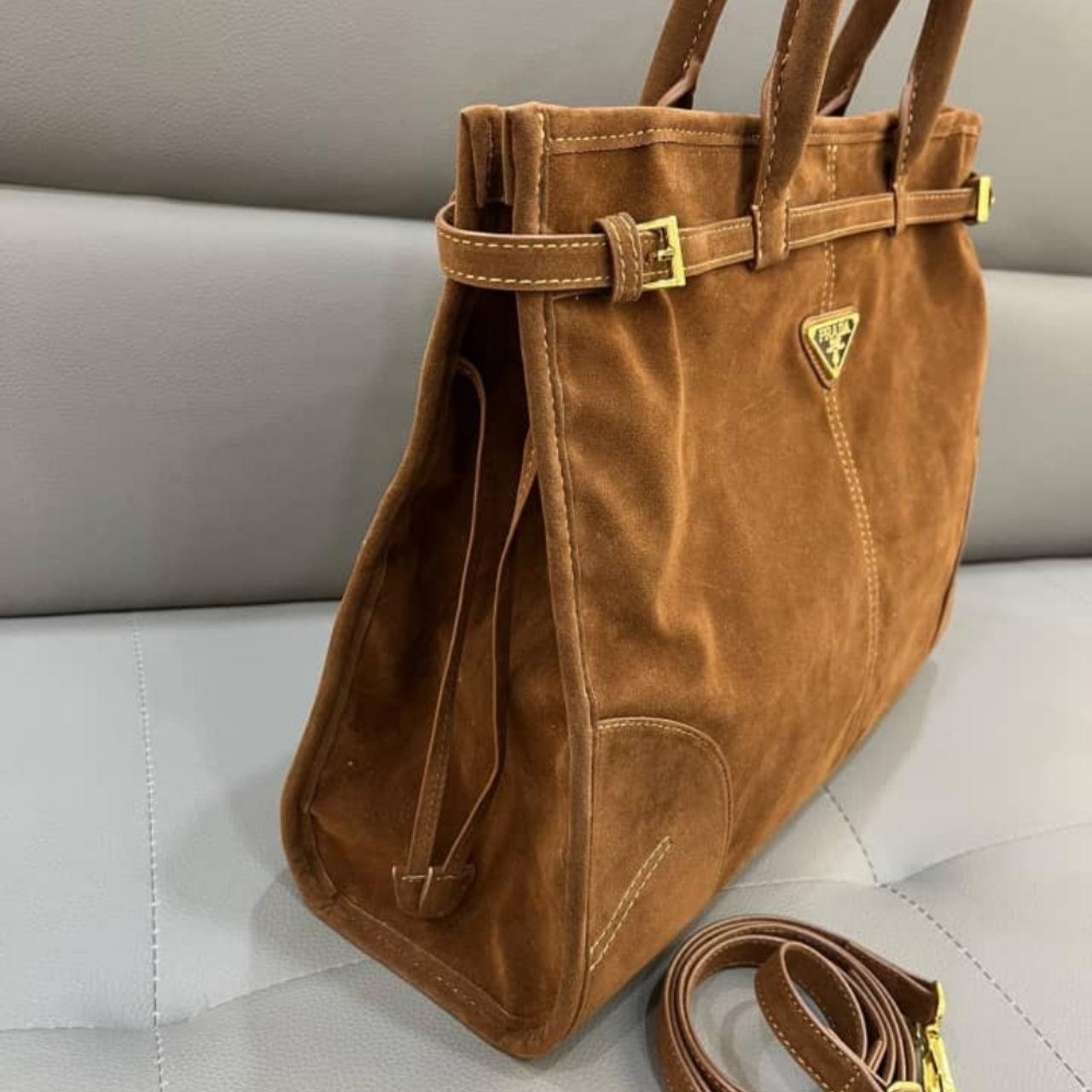 Prada Bonnie Suede Tote Bag Brown 38Cm 2VG128 2C4S F0401 V OOO - Image 4