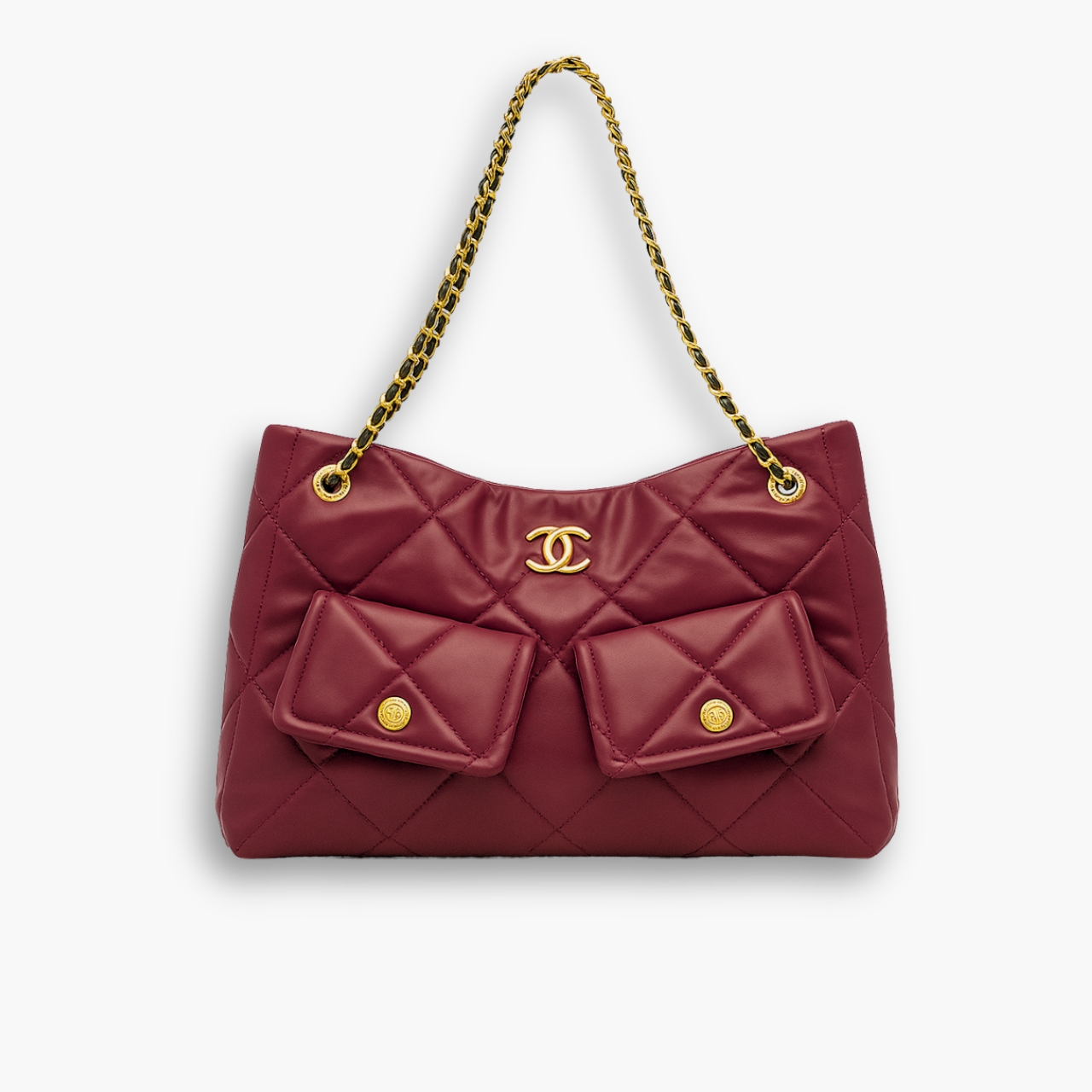 Chanel Shopping Bag Gold Tone Metal Red 38Cm