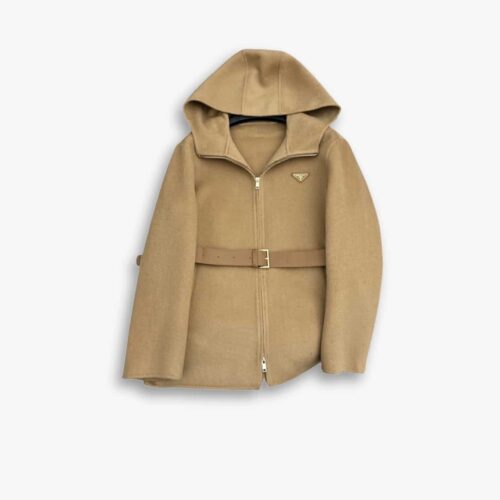 Prada Wool Coat With Hood And Belt Brown