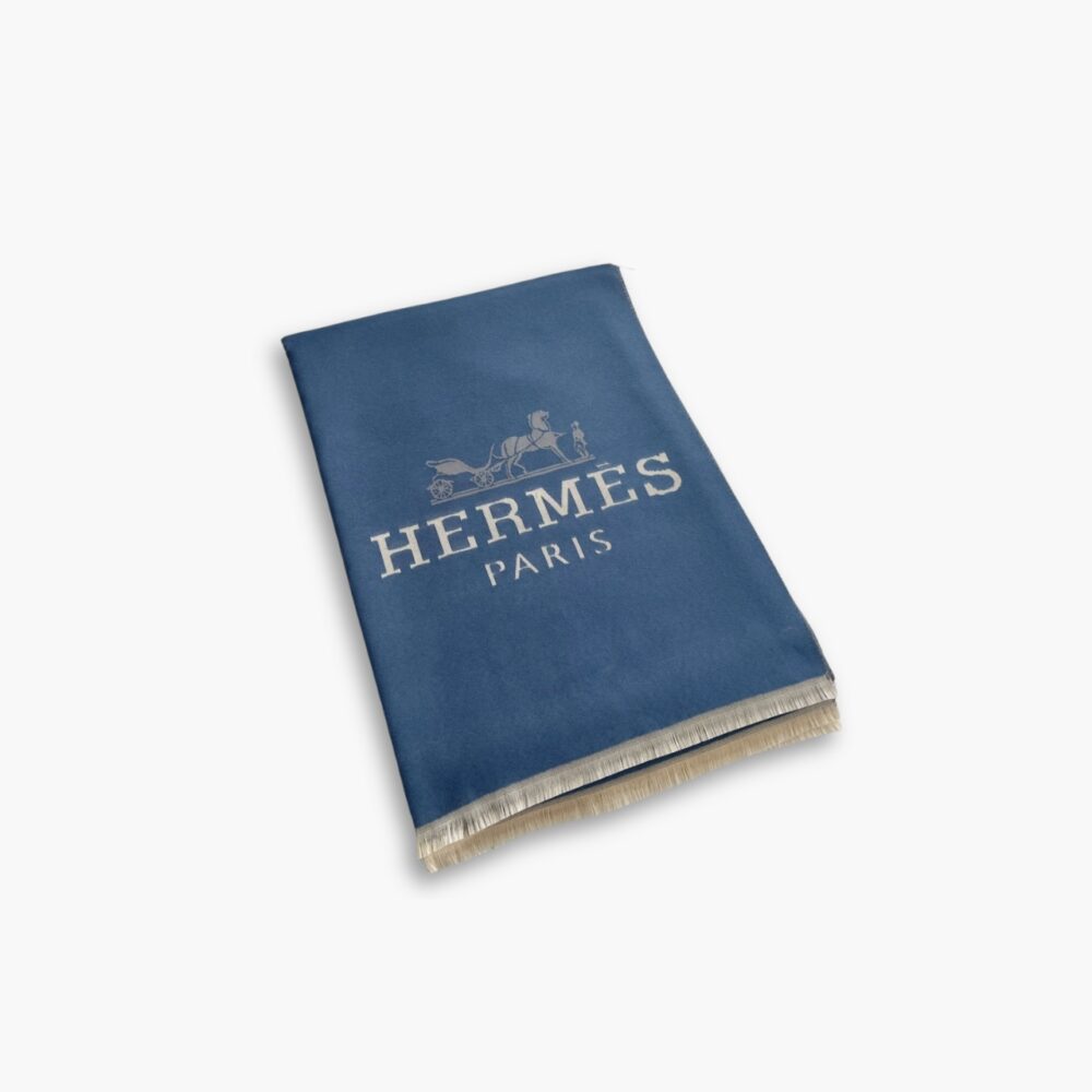 Hermes H Letter Cashmere Muffler Blue 180Cm