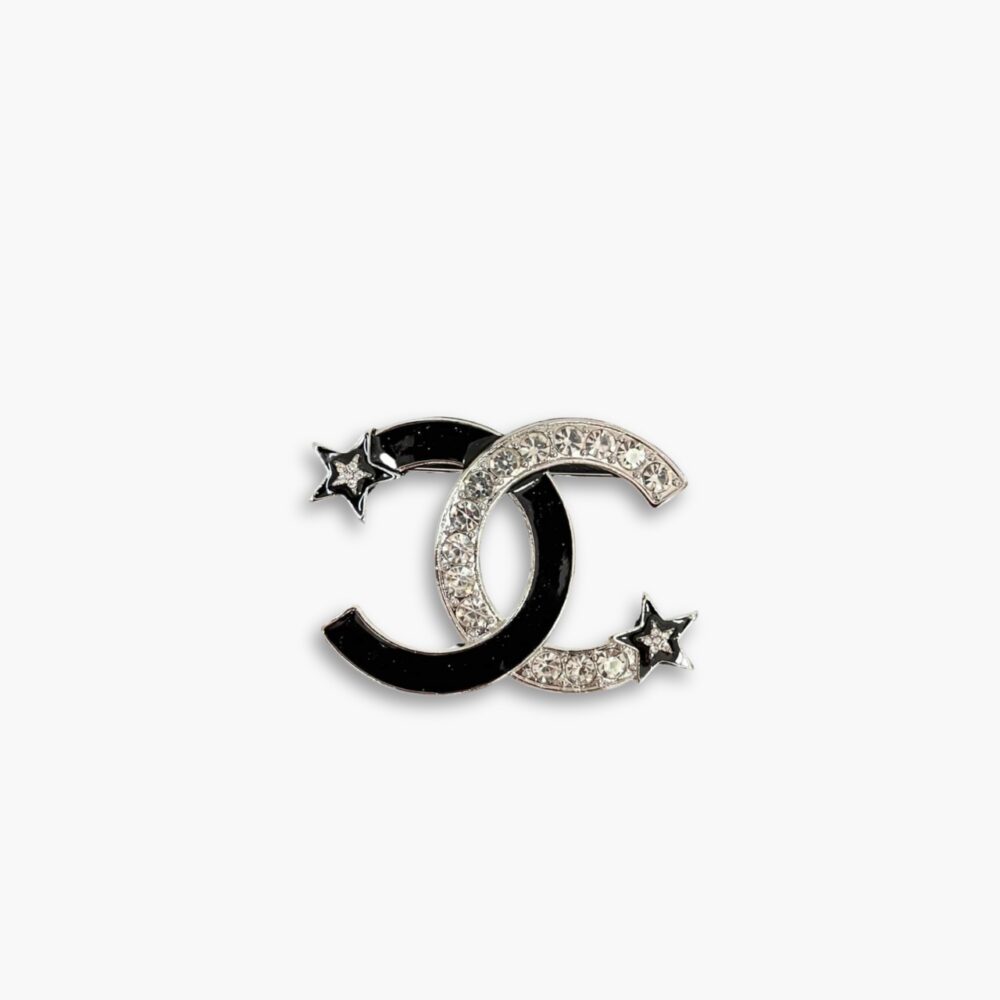 Chanel CC Brooch Silver And Black With Two Small Stars