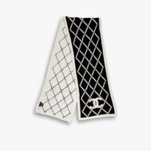 Chanel Cashmere Silk Quilted CC Scarf Black White 195Cm