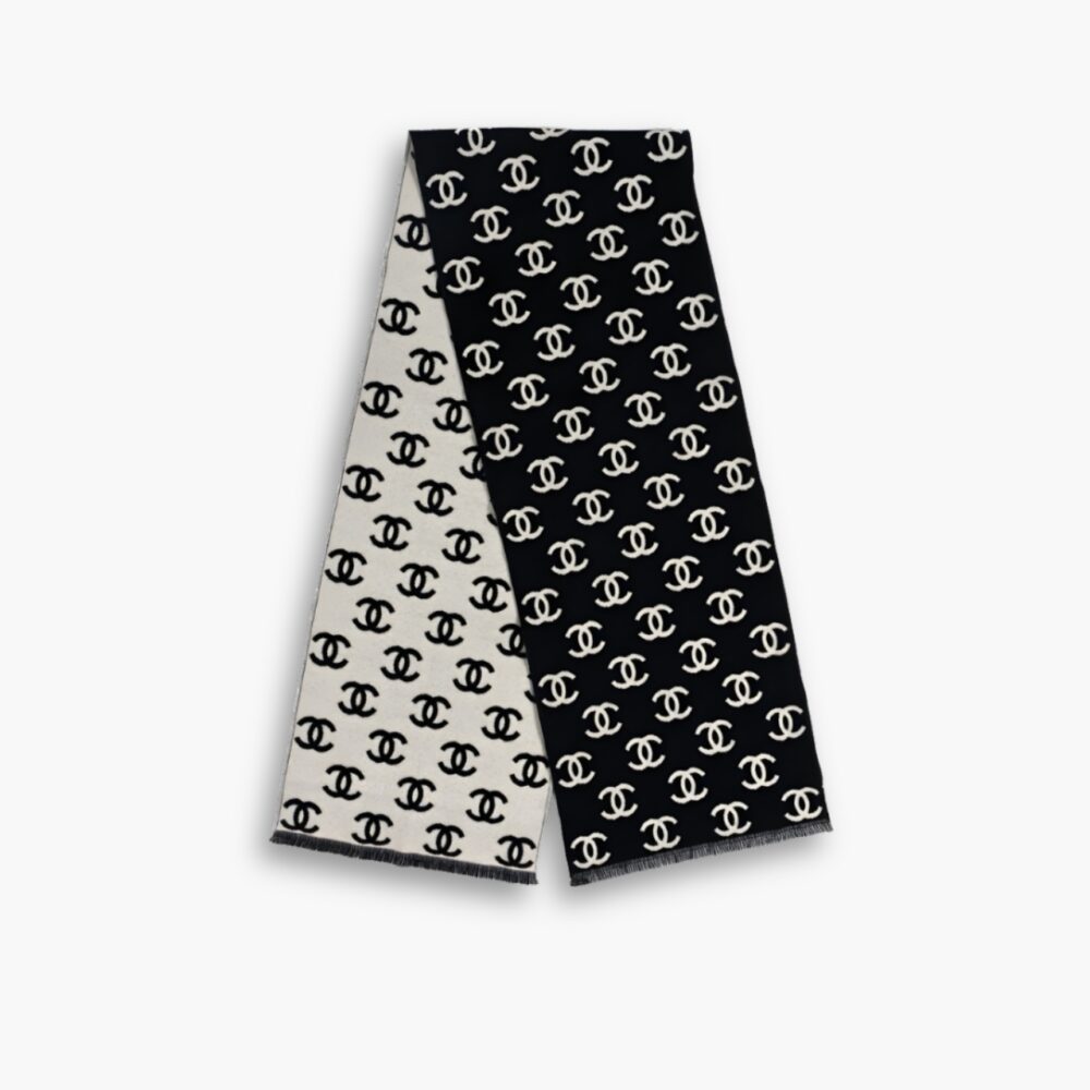 Chanel Wool Cashmere CC Scarf Black White 180Cm