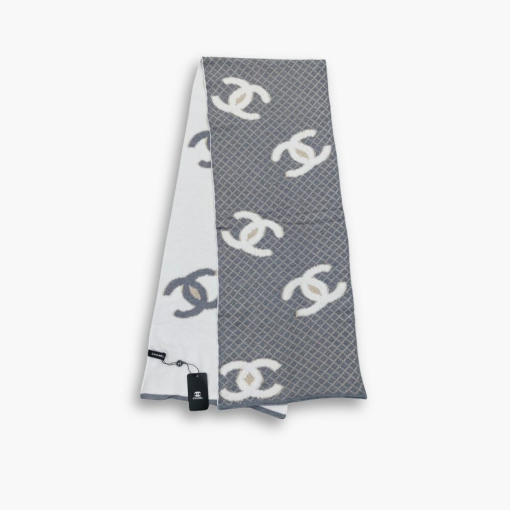 Chanel Scarf Interlocking CC Logo Gray And White 180Cm