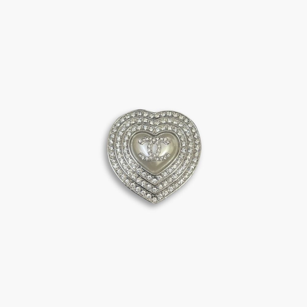 Chanel CC Heart Brooch Silver With Pearl Heart