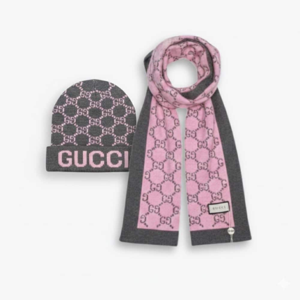 Gucci Jacquard Casual Muffler Beanie And Scarf Pink And Grey Wool Set