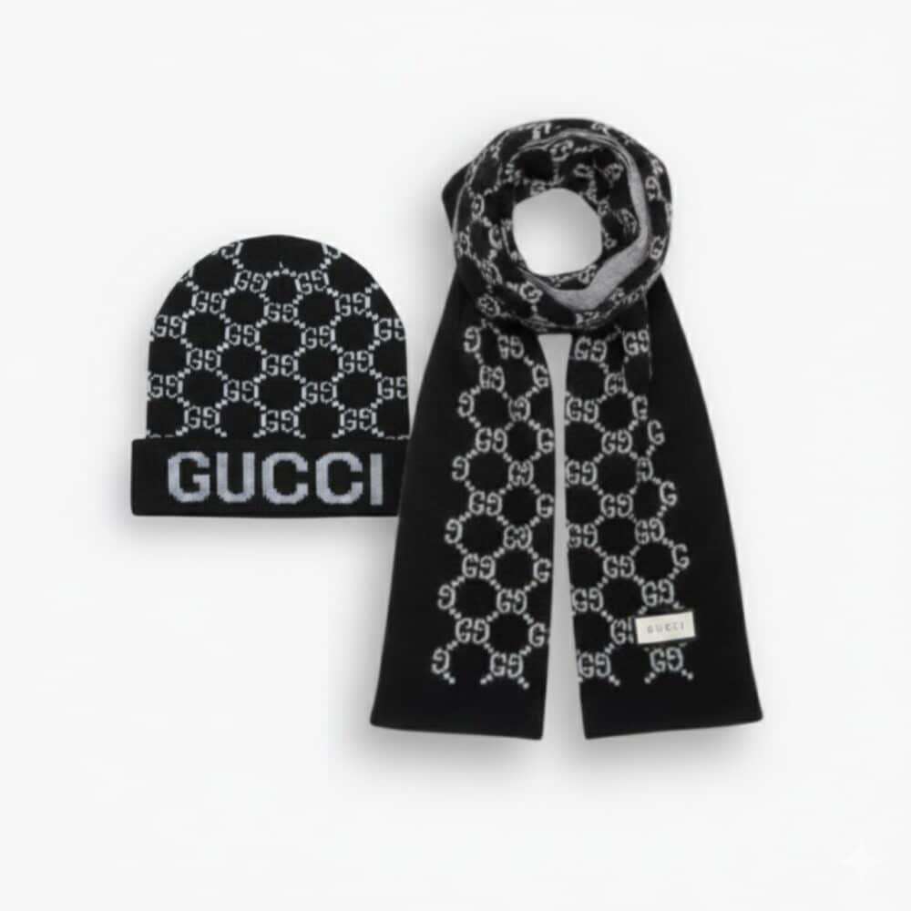 Gucci Jacquard Casual Muffler Beanie And Scarf Black Wool Set