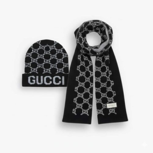 Gucci Jacquard Casual Muffler Beanie And Scarf Black Wool Set