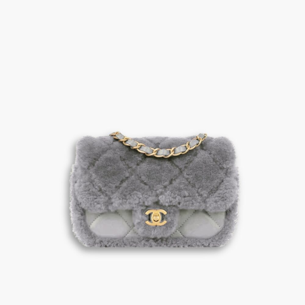 Chanel Flap Bag Teddy Gold Tone Metal Grey 25Cm