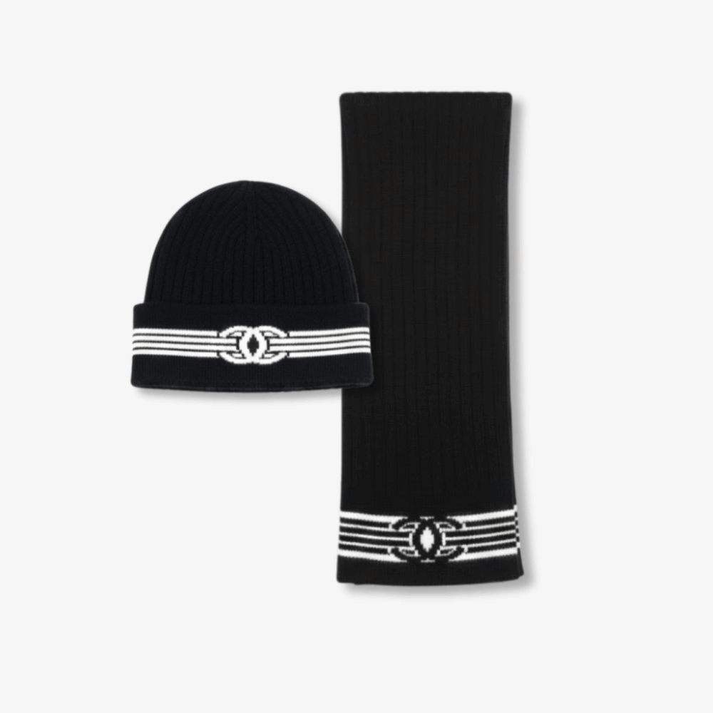 Chanel Knit Beanie And Scarf Black Wool Set