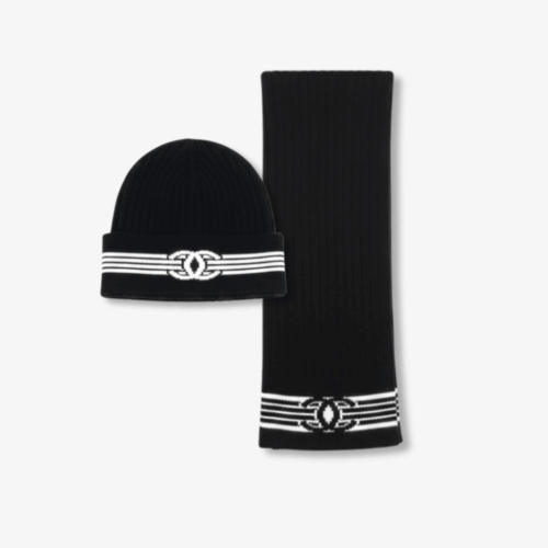 Chanel Knit Beanie And Scarf Black Wool Set