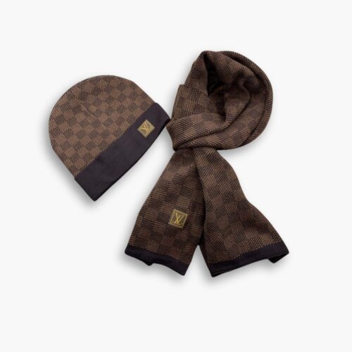 Louis Vuitton Damier Beanie And Scarf Brown Wool Set