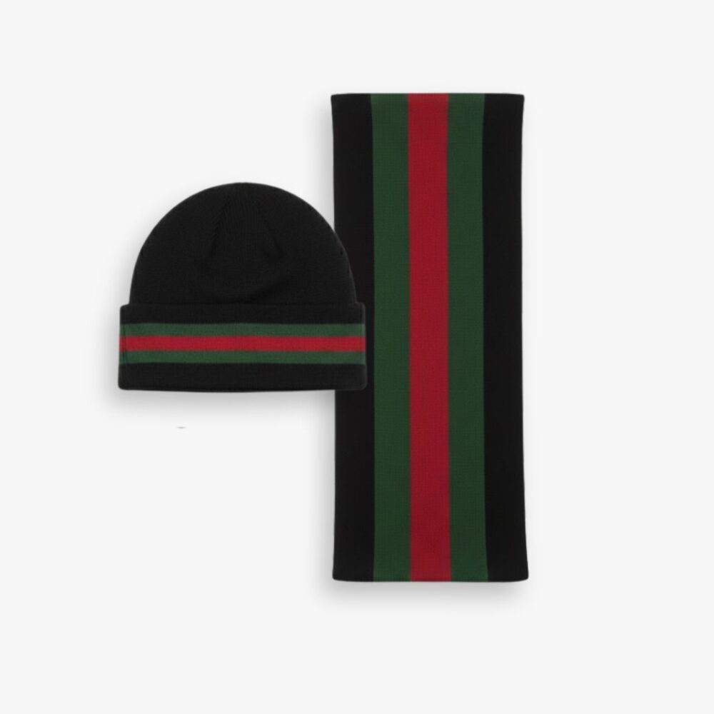 Gucci Knit Beanie And Scarf Black Wool Set