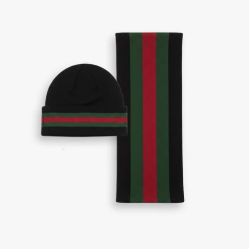 Gucci Knit Beanie And Scarf Black Wool Set