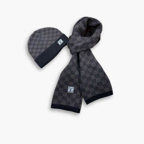 Louis Vuitton Damier Beanie And Scarf Black And Grey Wool Set