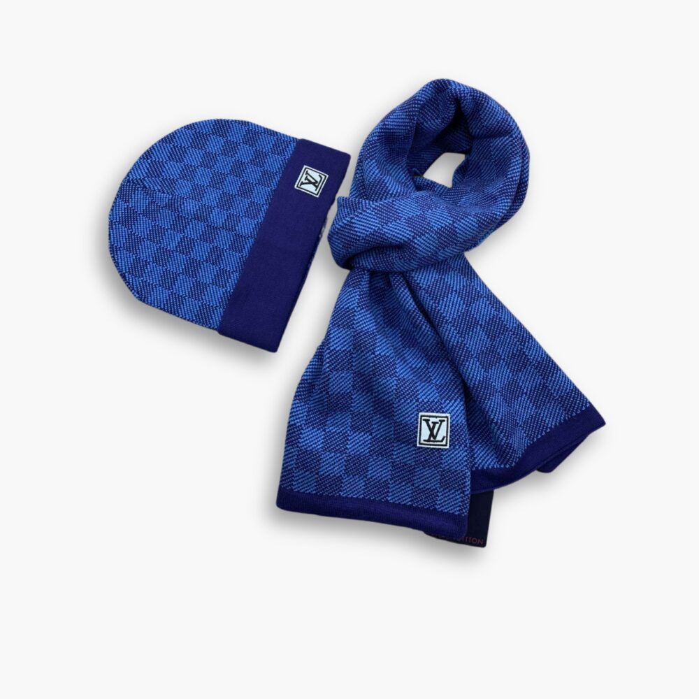 Louis Vuitton Damier Beanie And Scarf Blue Wool Set