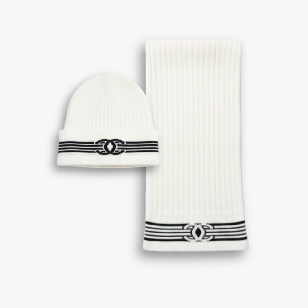 Chanel Knit Beanie And Scarf White Wool Set