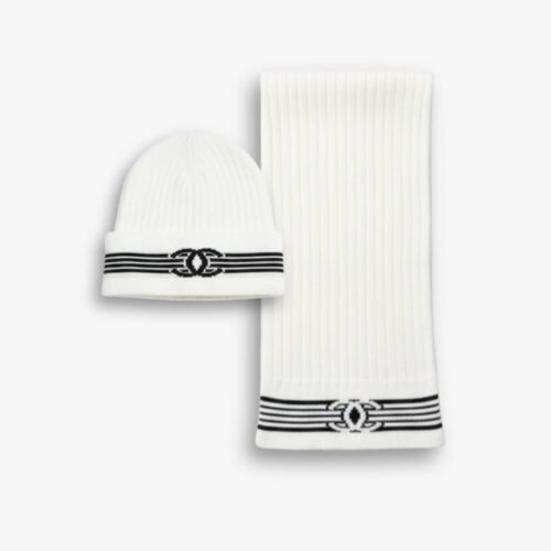 Chanel Knit Beanie And Scarf White Wool Set