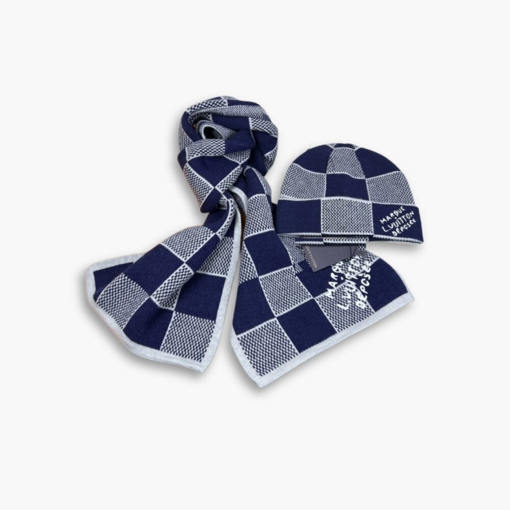 Louis Vuitton Damier Heritage Beanie And Scarf Navy Wool Set
