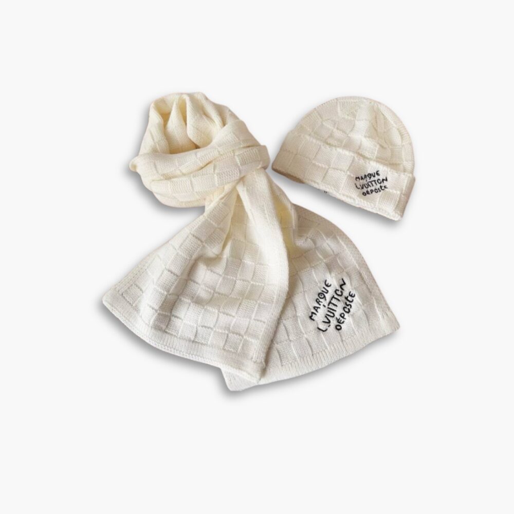 Louis Vuitton Damier Snug Beanie And Scarf White Wool Set