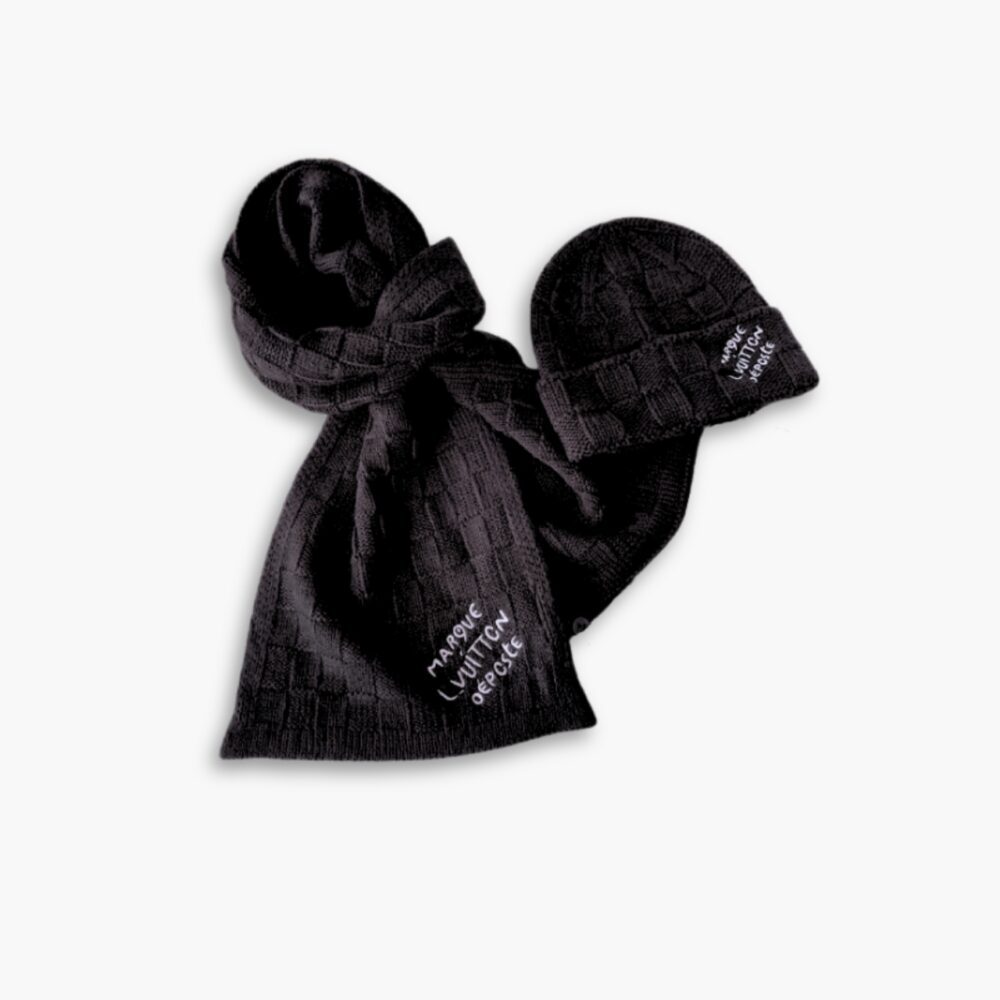 Louis Vuitton Damier Snug Beanie And Scarf Black Wool Set