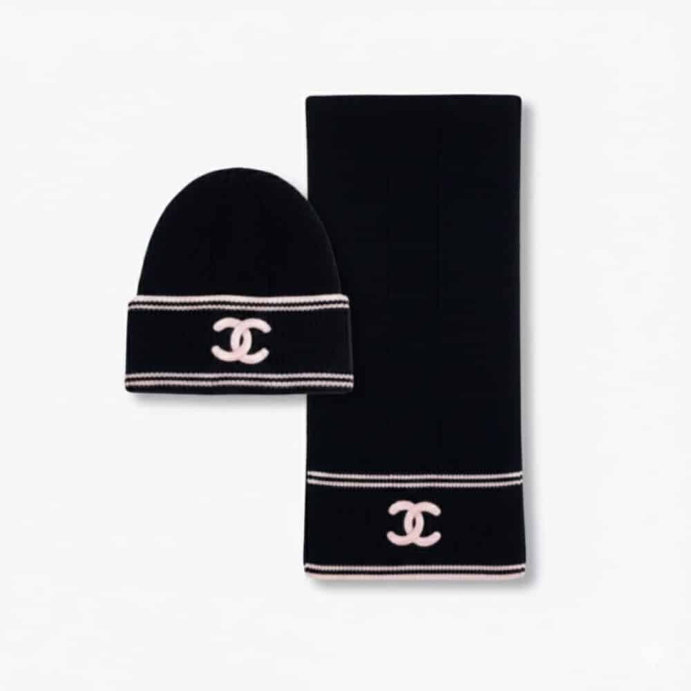 Chanel 23B CC Logo Beanie And Scarf Black Wool Set