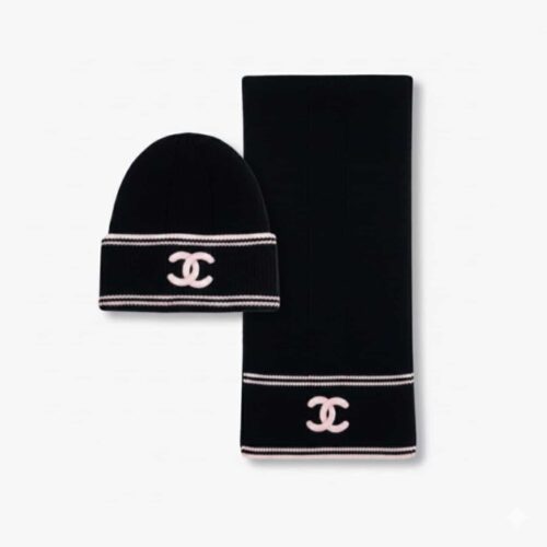 Chanel 23B CC Logo Beanie And Scarf Black Wool Set