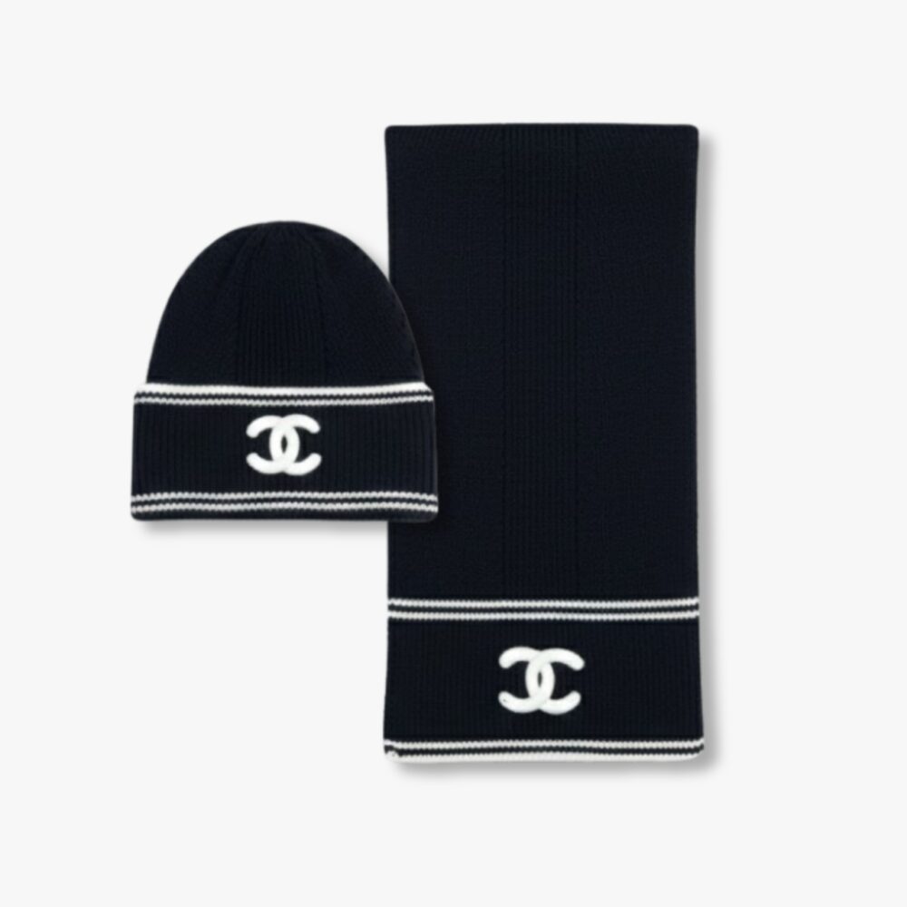 Chanel 23B CC Logo Beanie And Scarf Black Wool Set
