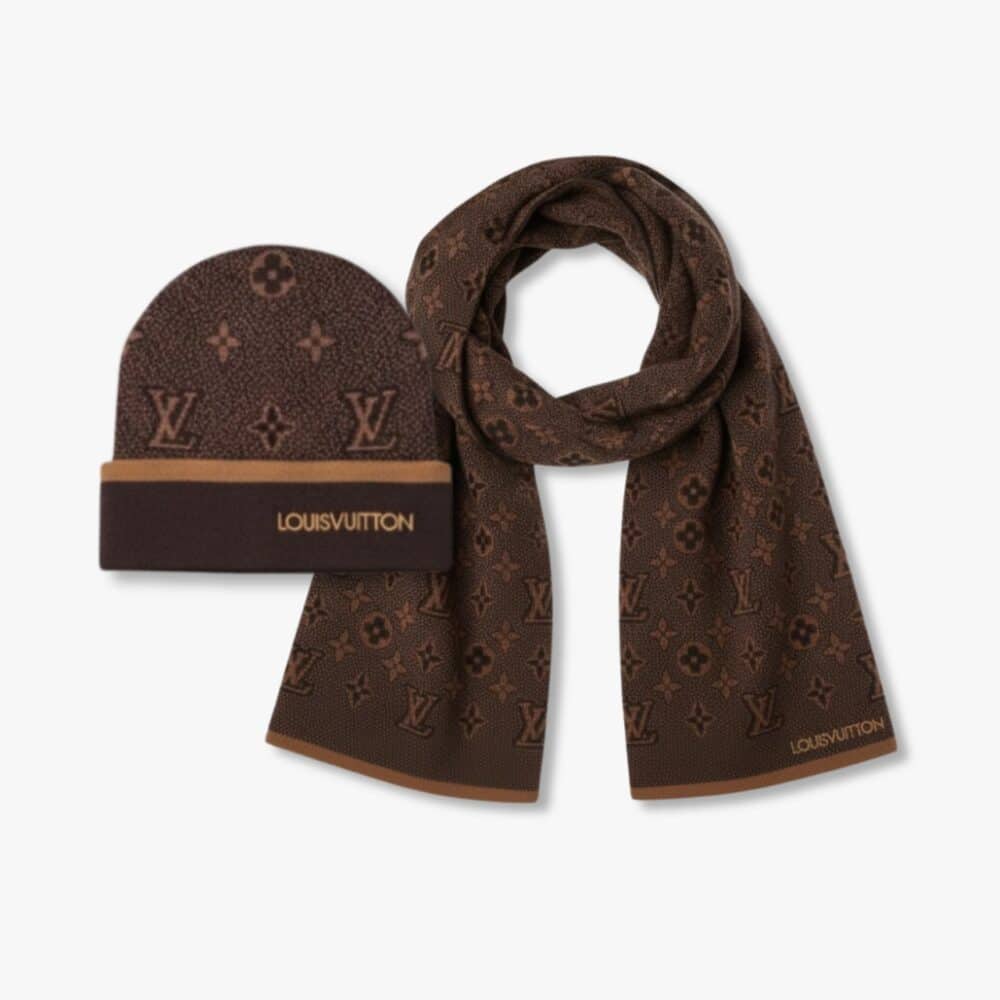 Louis Vuitton Monogram Eclipse Beanie And Scarf Brown Wool Set