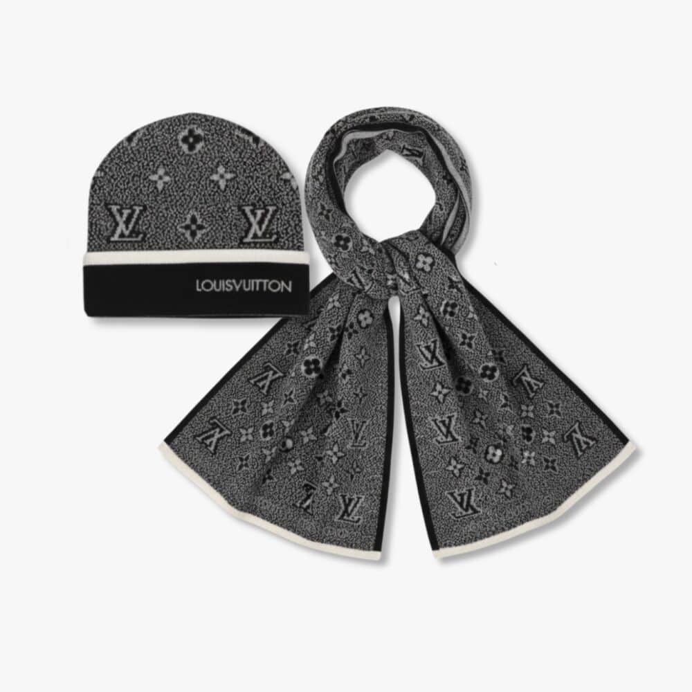 Louis Vuitton Monogram Eclipse Beanie And Scarf Black And Grey Wool Set