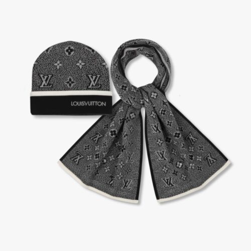 Louis Vuitton Monogram Eclipse Beanie And Scarf Black And Grey Wool Set