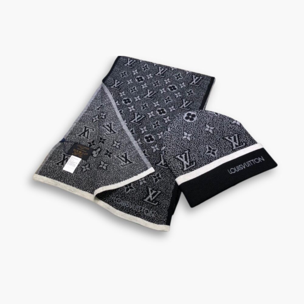 Louis Vuitton Monogram Eclipse Beanie And Scarf Black And Grey Wool Set