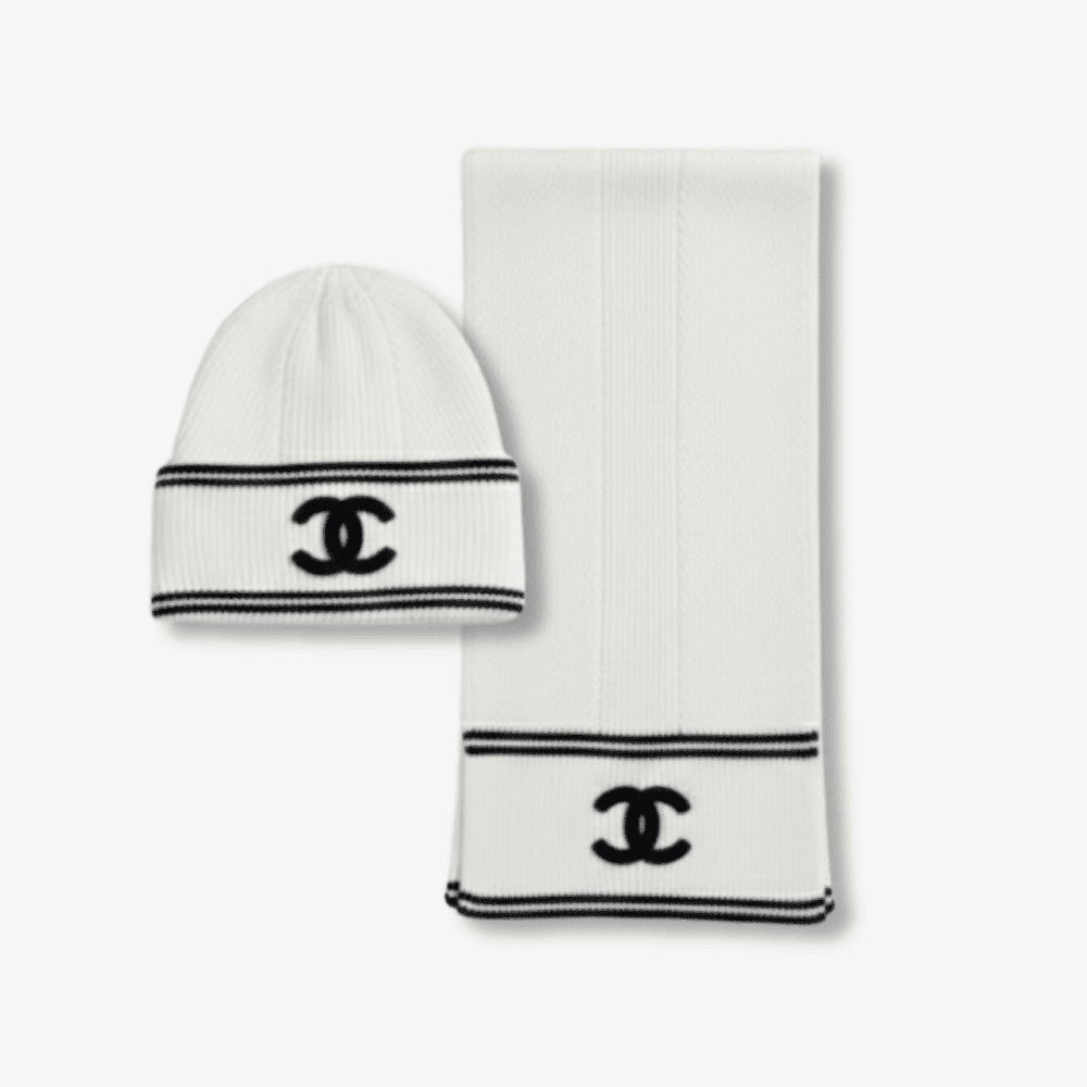 Chanel 23B CC Logo Beanie And Scarf White Wool Set