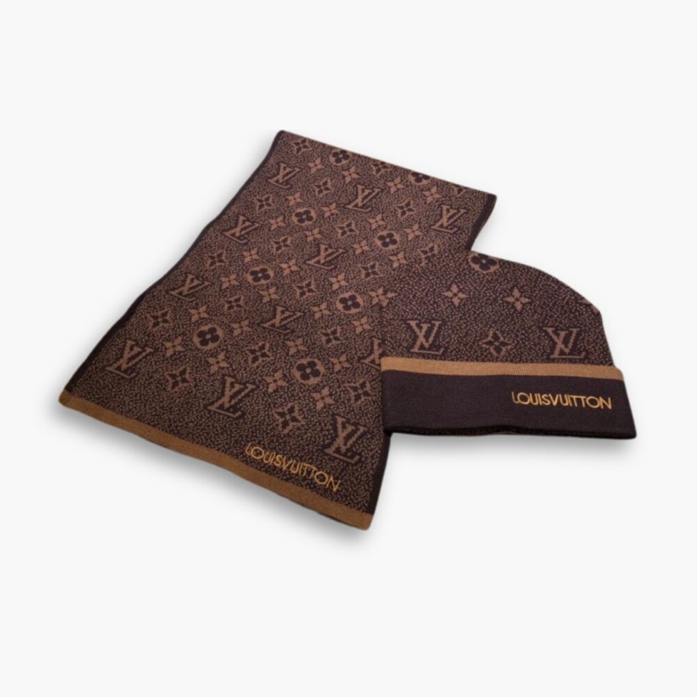 Louis Vuitton Monogram Eclipse Beanie And Scarf  Brown Wool Set