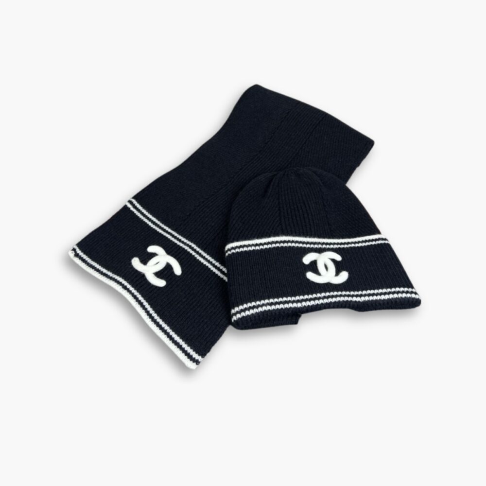 Chanel 23B CC Logo Beanie And Scarf Black Wool Set