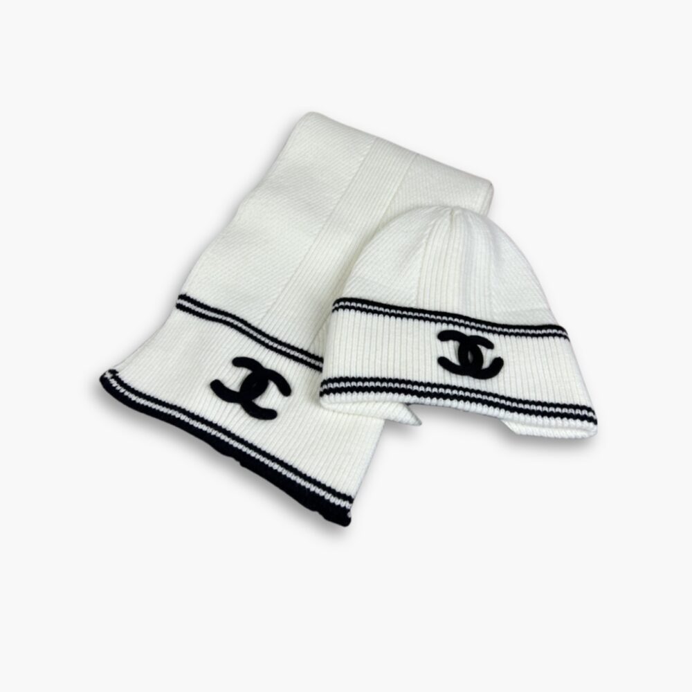 Chanel 23B CC Logo Beanie And Scarf White Wool Set