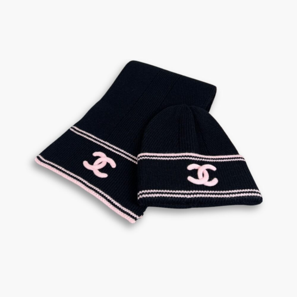 Chanel 23B CC Logo Beanie And Scarf Black Wool Set