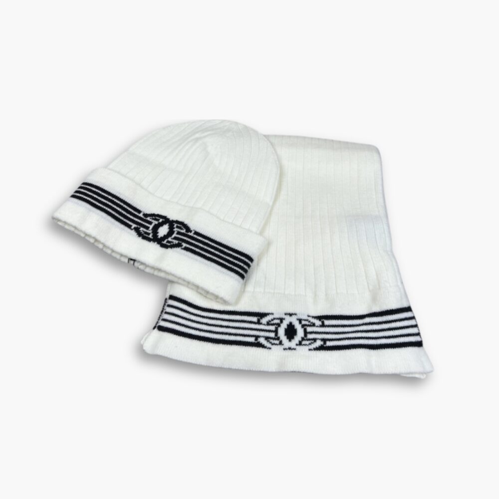 Chanel Knit Beanie And Scarf White Wool Set
