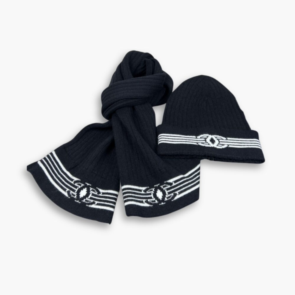 Chanel Knit Beanie And Scarf Black Wool Set