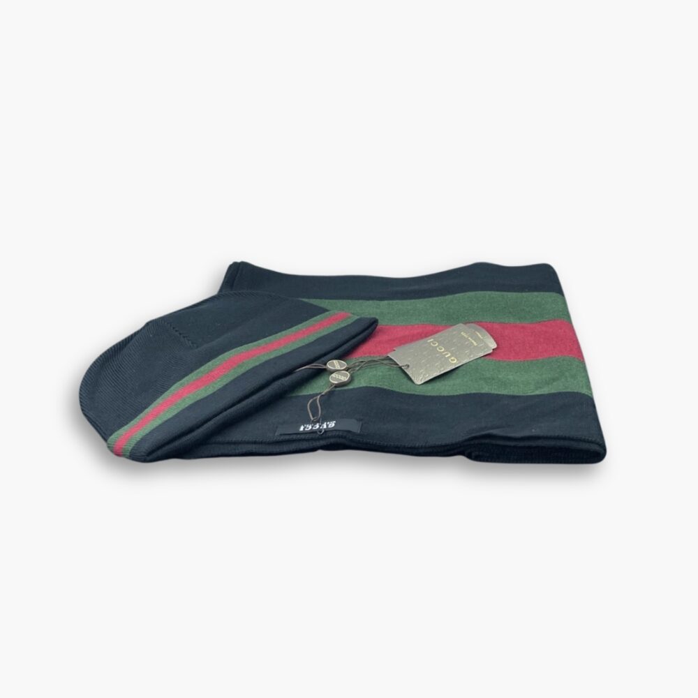 Gucci Knit Beanie And Scarf Black Wool Set