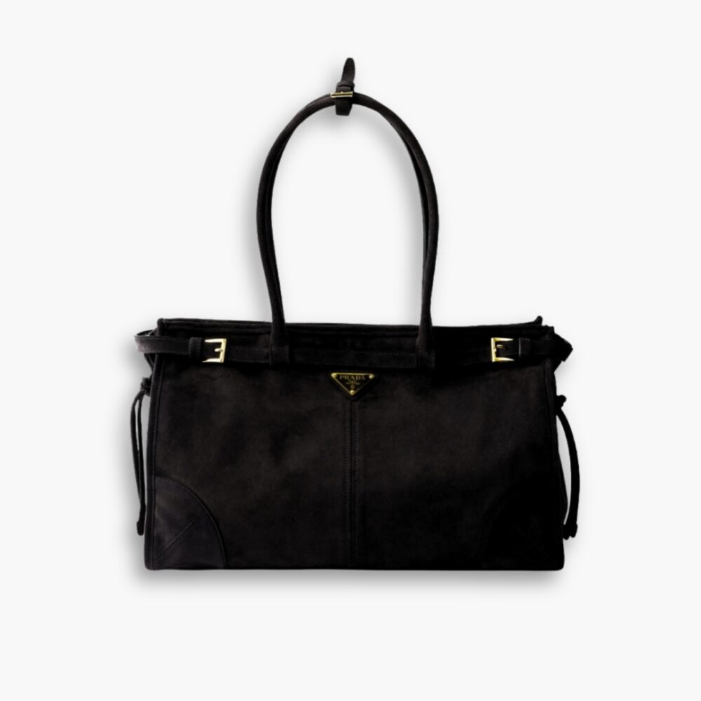 Prada Bonnie Large Suede Handbag Black 38Cm 1BA433 2C4S F0308 V MOO