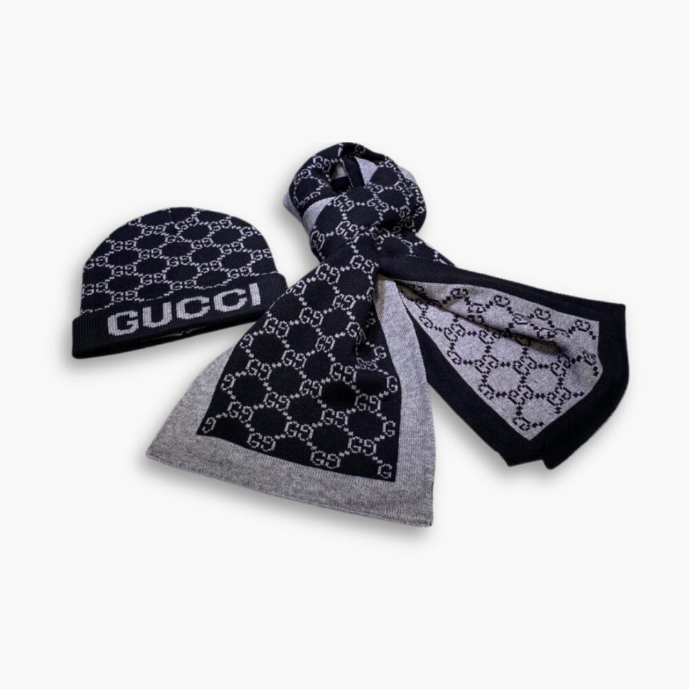 Gucci Jacquard Casual Muffler Beanie And Scarf Black Wool Set